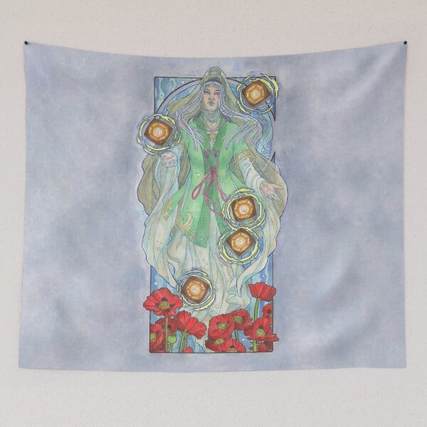 Item preview, Lady of August with Peridot and Poppies Floating Obon Lanterns Water Goddess Mucha Inspired Birthstone Series designed and sold by angelasasser.
