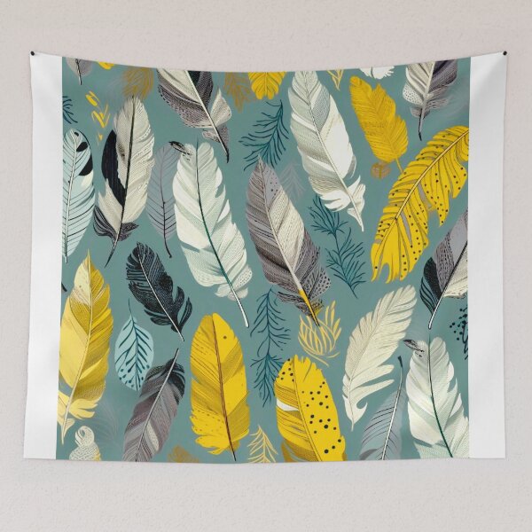 Item preview, Feathers - Mustard, teal, beige, gray, silver 4 designed and sold by Highlandkings.