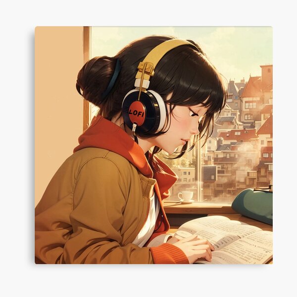 weak-caribou574: a girl [anime-style] using headphones, listenning lo-fi  music, picture for profile.