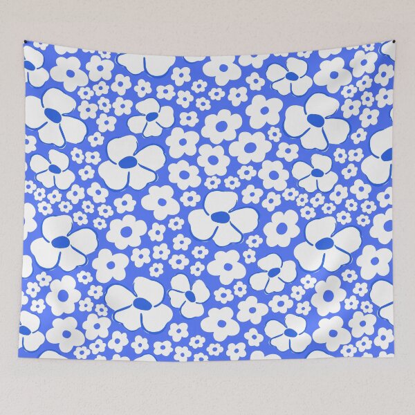 Item preview, big cute  florals bright blue danish style flowers super retro groovy 60s 70s era designed and sold by blomastudios.