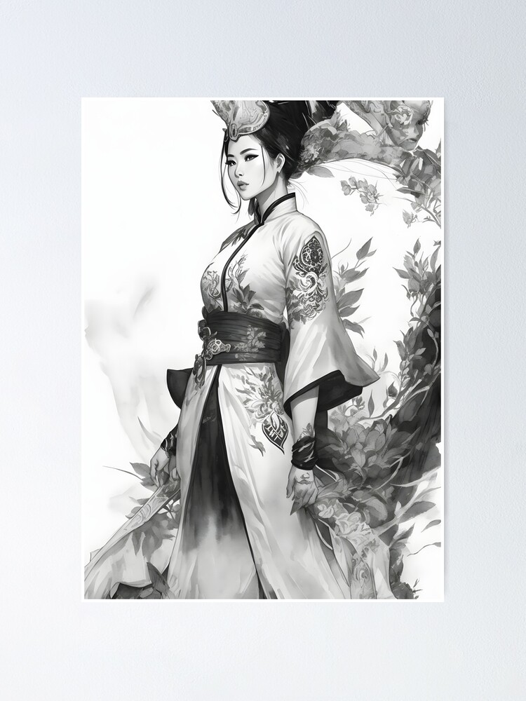 Geisha Art croquis noir et blanc Poster