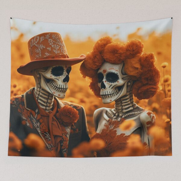Item preview, A couple of skeleton in an orange field designed and sold by isBotStore.