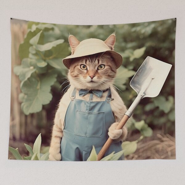 Item preview, Futuristic Cat with Shovel in Vegetable Garden - Whimsical Digital Art designed and sold by PixelSpectrum.
