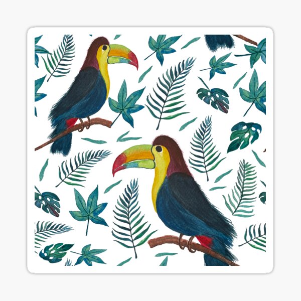 Tropical Toucan Watercolor Pattern with Exotic Leaves | Jungle Wildlife Art Sticker