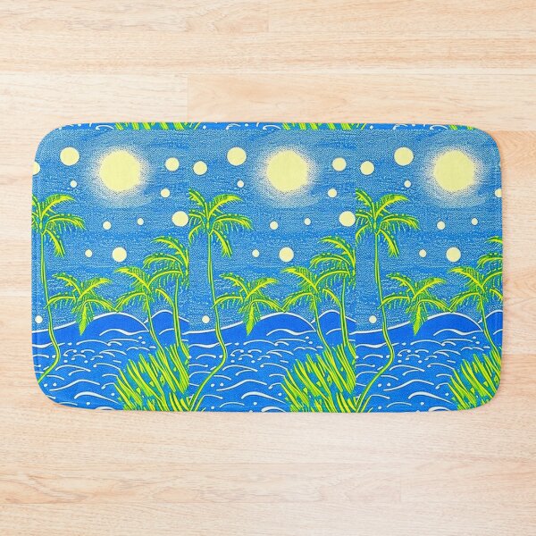 Item preview, Tropical moonlit beach at night palm trees linograph folk art designed and sold by Earth Nature Creations.