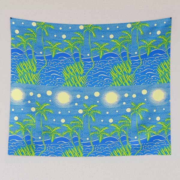 Item preview, Tropical moonlit beach at night palm trees linograph folk art designed and sold by Earth Nature Creations.