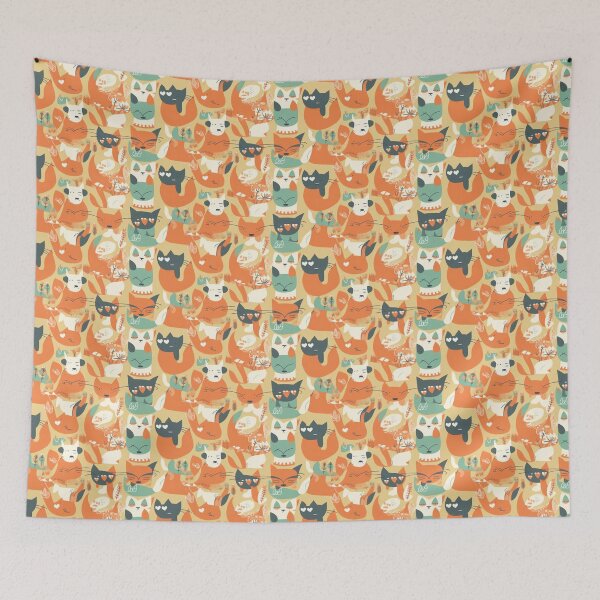 Item preview, Quirky and Psychedelic: Retro Cat Pattern | Vibrant Orange and Teal Tones designed and sold by Retro-ArtDeco.