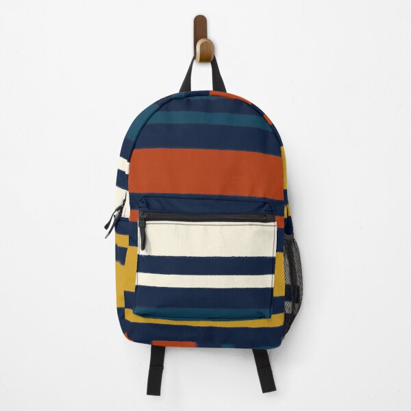 Item preview, Retro Vintage 80's Horizontal Stripes, Cream, Blue, Rust, Gold on Navy designed and sold by BlueMoonBarn.