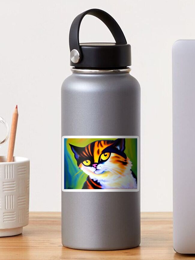 Thumbnail 1 of 3, Sticker, Orange, Yellow Eyed Tabby Cat Sitting, Green Background designed and sold by etourist.