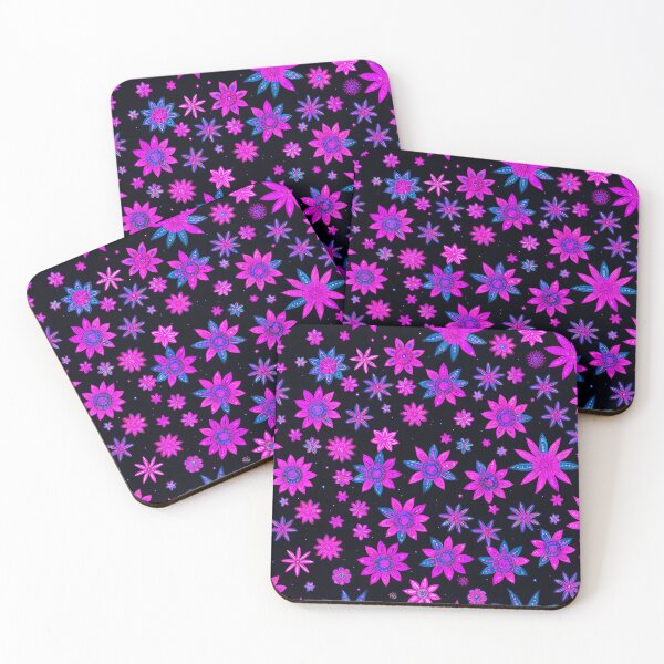 Item preview, Hot Magenta and Blue Boho Hippie Flowers on Black Background designed and sold by Beachy.