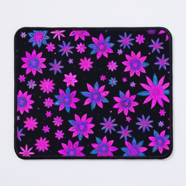 Item preview, Hot Magenta and Blue Boho Hippie Flowers on Black Background designed and sold by Beachy.