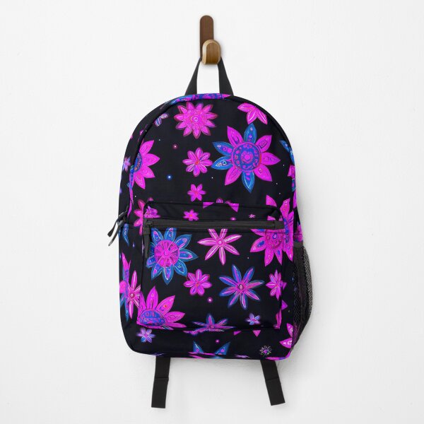 Item preview, Hot Magenta and Blue Boho Hippie Flowers on Black Background designed and sold by Beachy.
