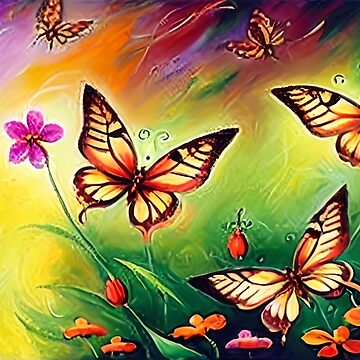 Artwork thumbnail, Black Orange Butterflies in Garden with Pink and Red Flowers, Purple Green sky by etourist