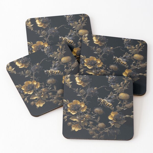 Item preview, Bees and Flowers on Black Background designed and sold by AFUNARTZ.