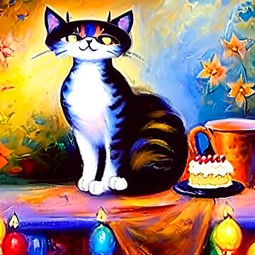 Artwork thumbnail, Black Tabby Cat Sitting Near Birthday Cake, Cup, Candles in Garden with Flowers by etourist