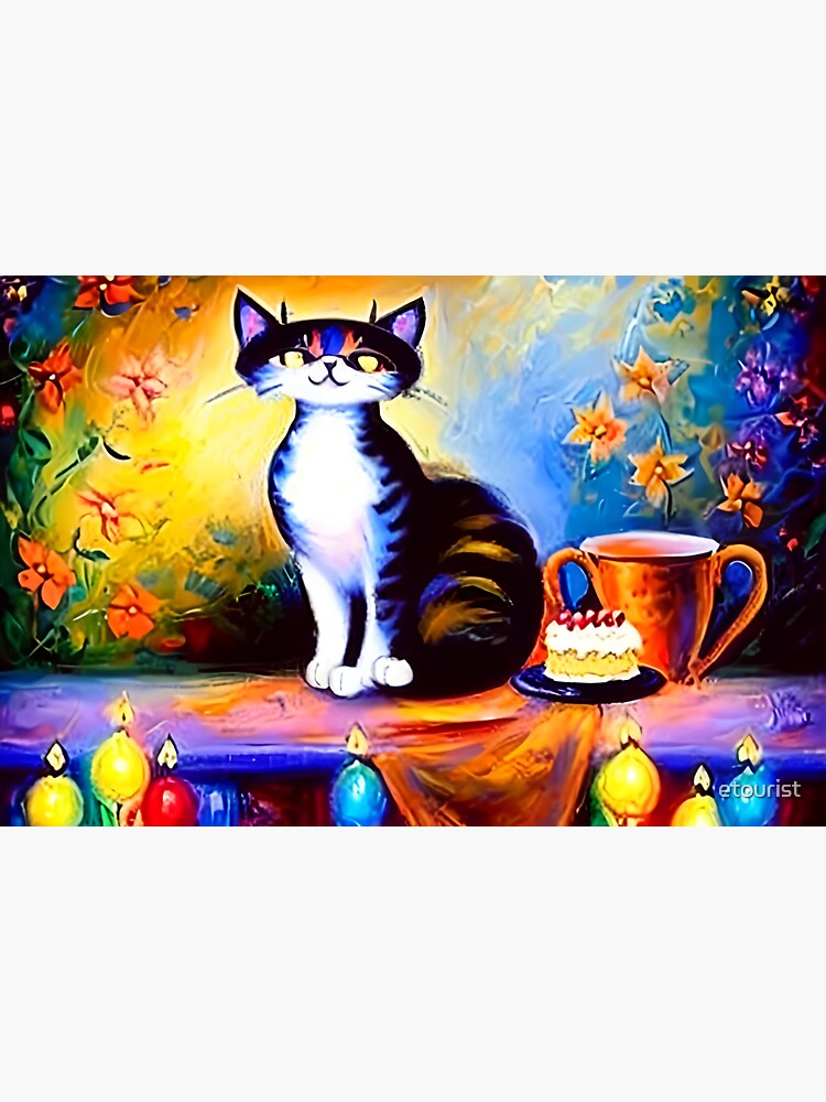 Thumbnail 3 of 3, Sticker, Black Tabby Cat Sitting Near Birthday Cake, Cup, Candles in Garden with Flowers designed and sold by etourist.