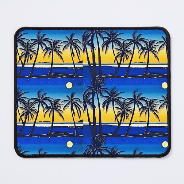 Item preview, Tropical moonlit beach at sunset palm trees linograph folk art designed and sold by Earth Nature Creations.