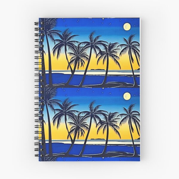 Item preview, Tropical moonlit beach at sunset palm trees linograph folk art designed and sold by Earth Nature Creations.