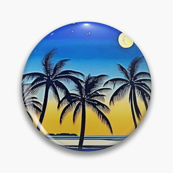 Item preview, Tropical moonlit beach at sunset palm trees linograph folk art designed and sold by Earth Nature Creations.
