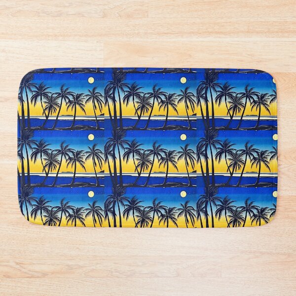 Item preview, Tropical moonlit beach at sunset palm trees linograph folk art designed and sold by Earth Nature Creations.