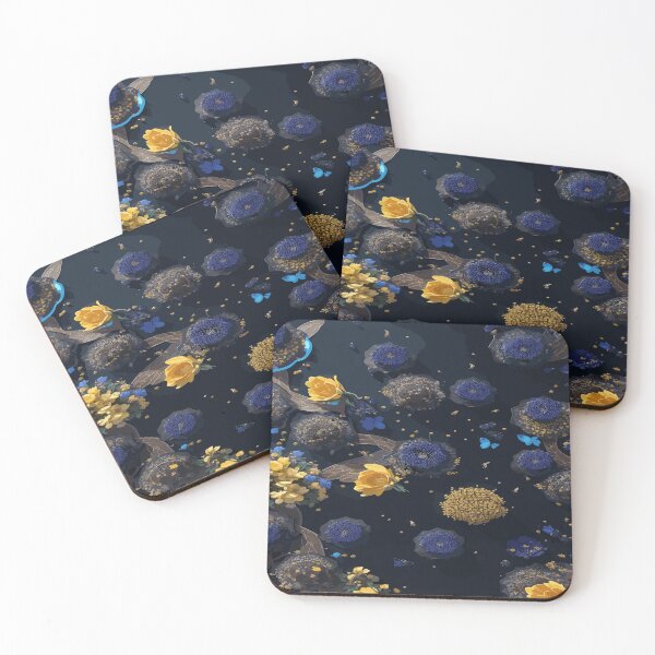 Item preview, Bees and Vibrant Flowers on Glossy Blue-Black Background designed and sold by AFUNARTZ.