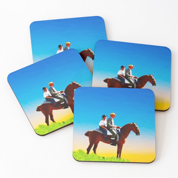 Item preview, Spanish couple on a horse at sunrise. Image created using geometric shapes designed and sold by EdgyEdgeArt.