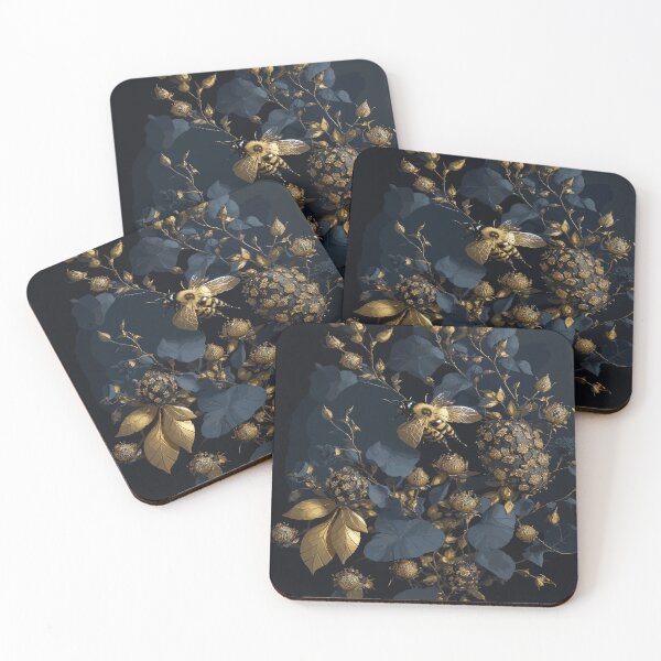 Item preview, Bees and Flowers on Blue-Black Background designed and sold by AFUNARTZ.
