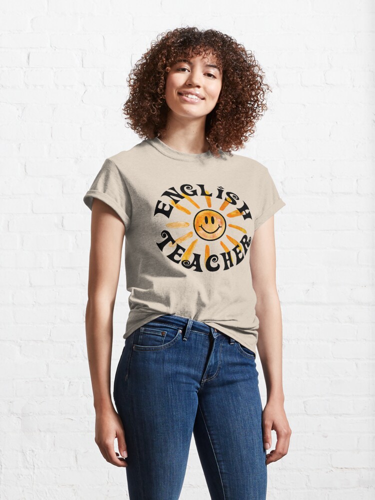 Thumbnail 4 of 7, Classic T-Shirt, Groovy English Teacher Happy Face Sunshine Gift designed and sold by heartsake.