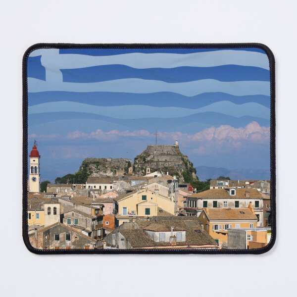Item preview, Old town Corfu and greek flag in the sky designed and sold by goceris.