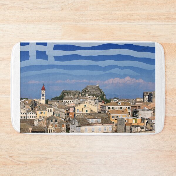 Item preview, Old town Corfu and greek flag in the sky designed and sold by goceris.