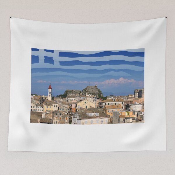 Item preview, Old town Corfu and greek flag in the sky designed and sold by goceris.