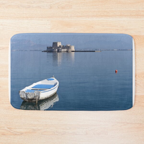 Item preview, Small white boat and and Bourtzi fortress in Nafplio, Peloponnese, Greece designed and sold by goceris.