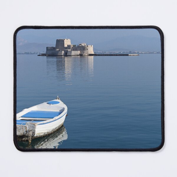 Item preview, Small white boat and and Bourtzi fortress in Nafplio, Peloponnese, Greece designed and sold by goceris.
