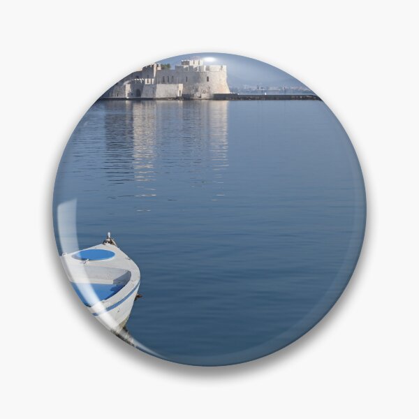 Item preview, Small white boat and and Bourtzi fortress in Nafplio, Peloponnese, Greece designed and sold by goceris.