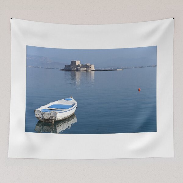 Item preview, Small white boat and and Bourtzi fortress in Nafplio, Peloponnese, Greece designed and sold by goceris.