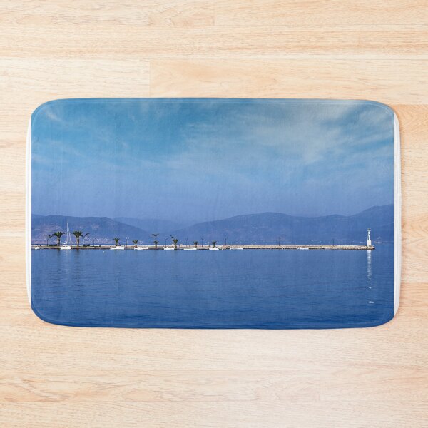 Item preview, small white boats and blue sea in the harbor Nafplio Greece designed and sold by goceris.