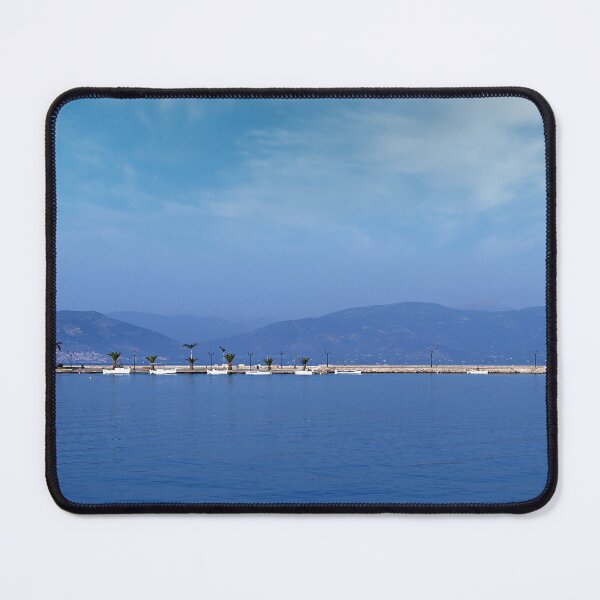 Item preview, small white boats and blue sea in the harbor Nafplio Greece designed and sold by goceris.