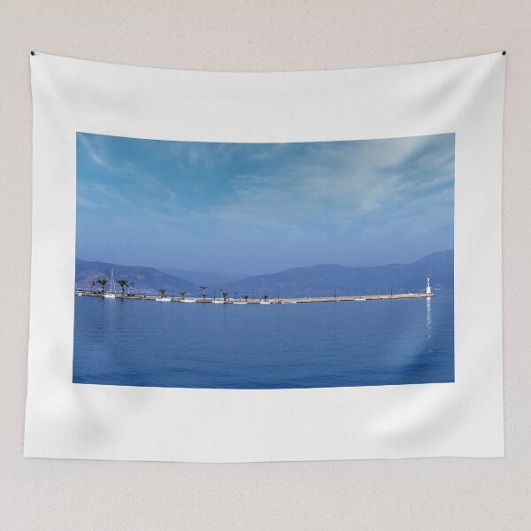 Item preview, small white boats and blue sea in the harbor Nafplio Greece designed and sold by goceris.