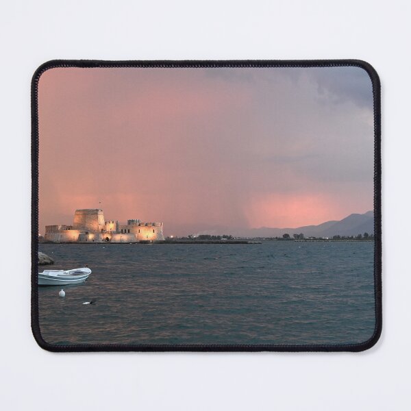 Item preview, stormy sky and sunset over the castle Bourtzi in Nafplio, Peloponnese, Greece designed and sold by goceris.