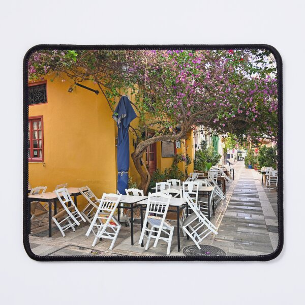 Item preview, Restaurant and houses in the narrow streets of Nafplion town with Bougainvillea flowers designed and sold by goceris.