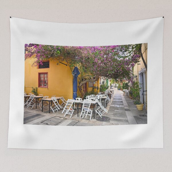 Item preview, Restaurant and houses in the narrow streets of Nafplion town with Bougainvillea flowers designed and sold by goceris.