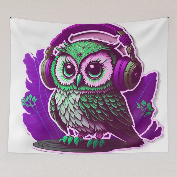 Item preview, Cute Adorable Owl Wearing Headphones Rainbow Colorful Pastel Vibrant Purple Dark designed and sold by IHeartArts.