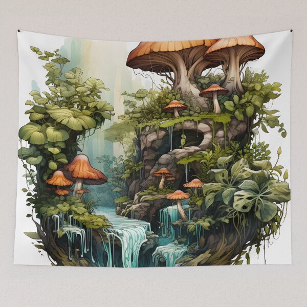 Item preview, Enchanted Cascade Forest Art Print | Waterfall, Green Forest, Colorful Biomorphic Forms, Mushroomcore designed and sold by Artistically-T.