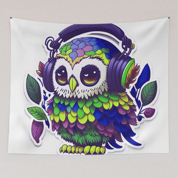 Item preview, Cute Adorable Owl Wearing Headphones Rainbow Colorful Pastel Vibrant Neon Purple designed and sold by IHeartArts.