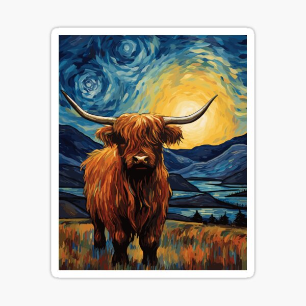 Vista previa del artículo con la obra «Vaca de las tierras altas - estilo Noche estrellada de Vincent Van Gogh», diseñado y vendido por Straya75.