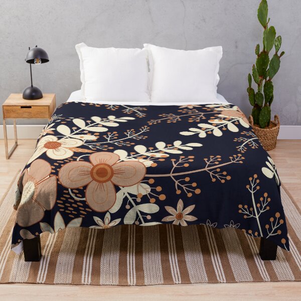 Item preview, Delicate flowers and leaves pattern design - dark blue, beige, brown designed and sold by Arubi-Art.