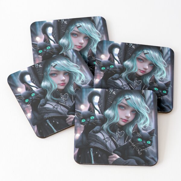 Item preview, Anime girl with two black kittens designed and sold by VanGalt.