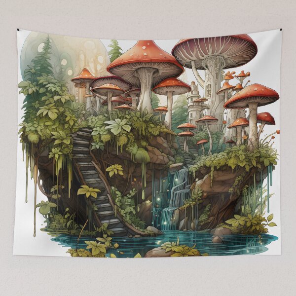 Item preview, Enchanted Cascade Forest Art Print | Waterfall, Green Forest, Colorful Biomorphic Forms, Mushroomcore designed and sold by Artistically-T.