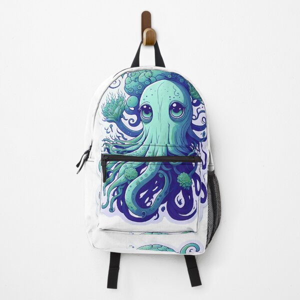 Item preview, Magical Illustration Cute Teal Octopus Vibrant Colorful Psychedelic Pastel Flowers Big Sad Eyes With Mushroom head designed and sold by SassyArtistry.