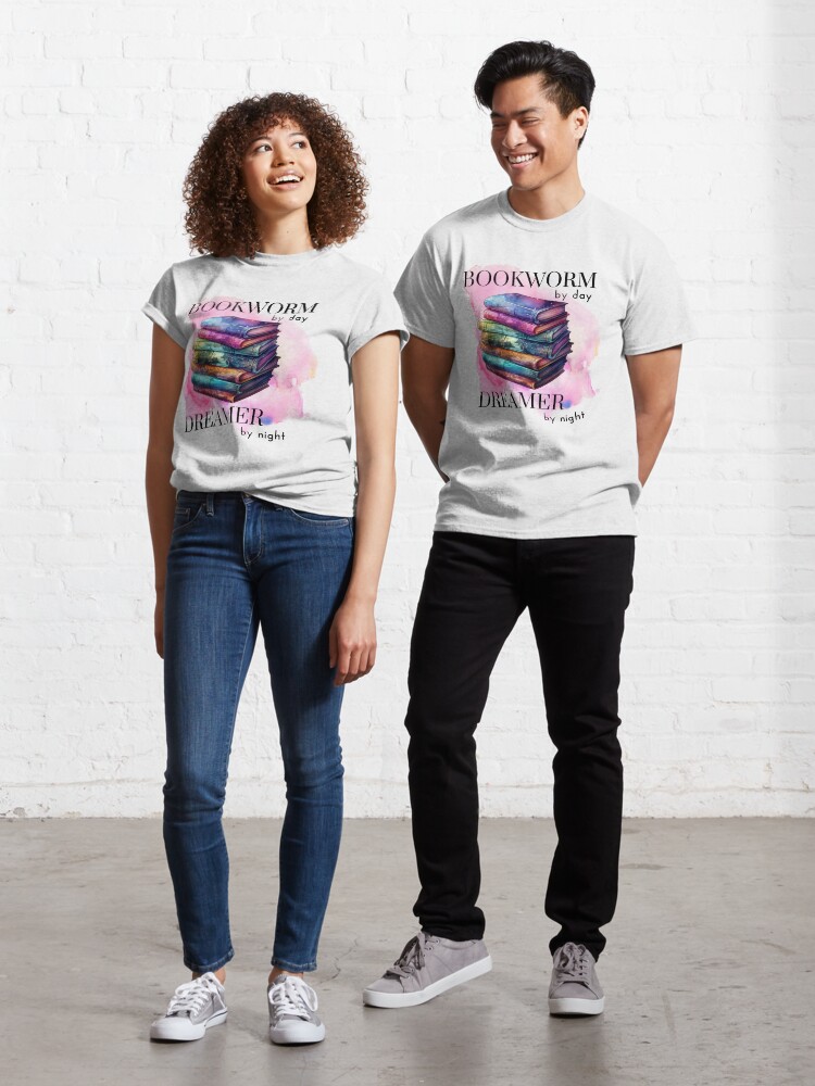 Classic T-Shirt, Vibrant Watercolour Bookworm By Day Dreamer By Night Sticker designed and sold by Triplicate Limited